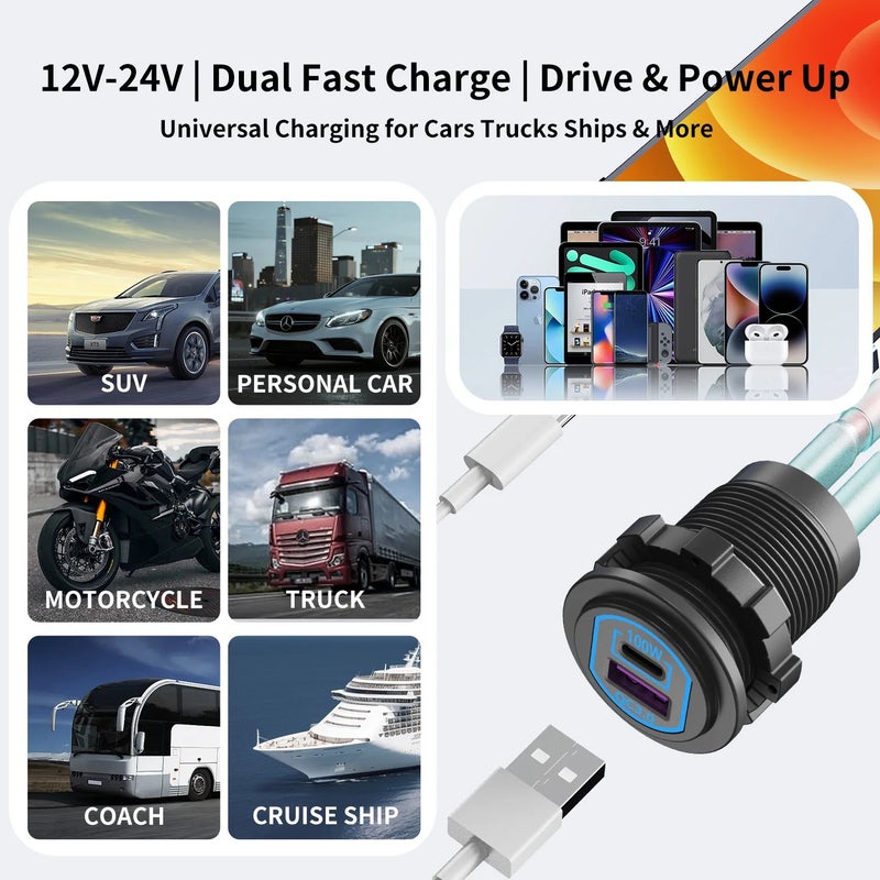 Bluejw 100W PD USB-C Car Charger & 18W QC3.0 USB-A Fast Charger - Waterproof Blue LED Car Adapter for 12V/24V Auto Truck Boat RV Yacht - Automobile Chargers - Image 5